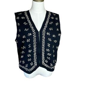 North Crest Womens XL Embroidered Vest Black White Floral Zip Front Sleeveless